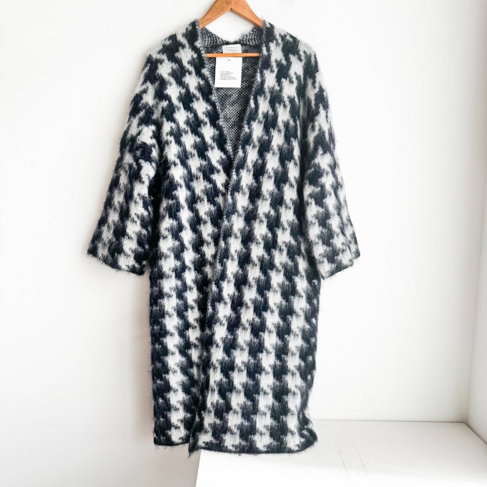Dimensione Maglia Houndstooth Plaid Grey Navy Blue Mohair Blend Cardigan OS - Picture 8 of 8
